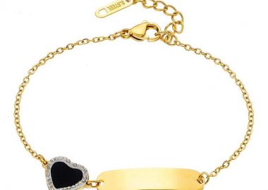 Βραχιόλι Από Ατσάλι Επιχρυσωμένο Ταυτότητα Με Μαύρη Καρδιά AS25986 - AMOR AMOR - 