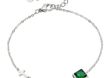 Βραχιόλι Από Ατσάλι Με Ζιργκόν Πράσινο Και Σταυρό AS25834 - AMOR AMOR - 