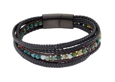 Βραχιόλι Από Δέρμα Και Ανοξείδωτο Ατσάλι Με Ορυκτές Πέτρες AS29554 - AMOR AMOR - 