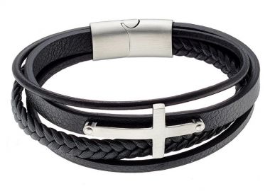 Βραχιόλι Από Δέρμα Και Ατσάλι Με Σταυρό AS25909 - AMOR AMOR - 