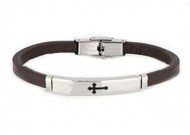 Βραχιόλι Από Δέρμα Και Ατσάλι Με Σταυρό TU29935 - AMOR AMOR - 