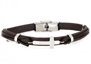 Βραχιόλι Από Δέρμα Και Ατσάλι Με Σταυρό TU29936 - AMOR AMOR - 