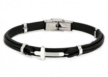 Βραχιόλι Από Δέρμα Και Ατσάλι Με Σταυρό TU29937 - AMOR AMOR - 