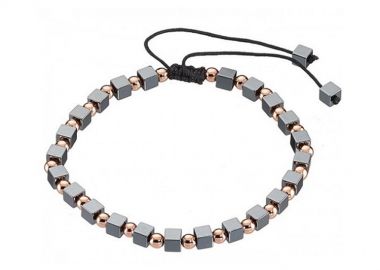 Βραχιόλι Από Κορδόνι Με Ημιπολύτιμο Λίθο Αιματίτη Και Ανοξείδωτο Ατσάλι Ροζ Επιχρυσωμένο AS28704 - AMOR AMOR - 