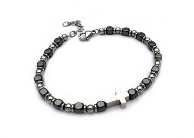 Βραχιόλι casual με γκρι χάντρες και σταυρό BA202 - Asimenio - 