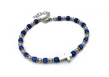 Βραχιόλι casual με μπλε χάντρες και σταυρό BA201 - Asimenio - 