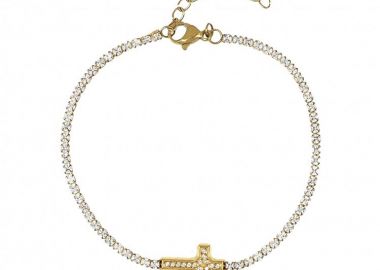 Βραχιόλι Ριβιέρα 2mm Από Ατσάλι Επιχρυσωμένο Με Σταυρό TU29830 - AMOR AMOR - 