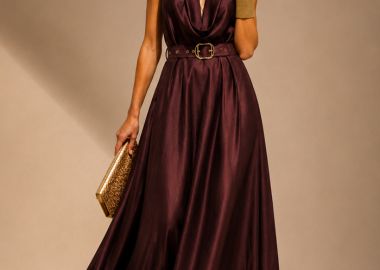 βραδινό φόρεμα halter neck ντραπέ Etoile μελιτζανί - PerfectDress.gr - 