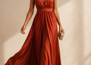βραδινό σατέν maxi φόρεμα Aurora κεραμιδί - PerfectDress.gr - 