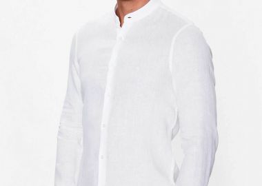 Calvin Klein ανδρικό λινό πουκάμισο μάο με κεντημένο monogram Slim Fit - K10K109511 Λευκό - CALVIN KLEIN - 