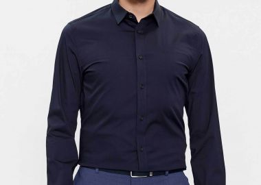 Calvin Klein ανδρικό πουκάμισο μονόχρωμο με κεντημένο λογότυπο Slim Fit - K10K110856 Μπλε Σκούρο - CALVIN KLEIN - 