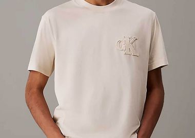 Calvin Klein Jeans ανδρικό T-shirt με κεντημένο monogram Regular Fit - J30J327494 Μπεζ - CALVIN KLEIN JEANS - 