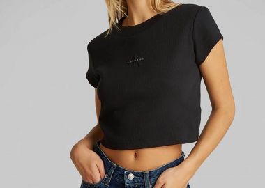 Calvin Klein Jeans γυναικείο T-shirt cropped με λογότυπο - LV047AB802 Μαύρο - CALVIN KLEIN JEANS - 