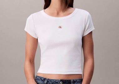 Calvin Klein Jeans γυναικείο T-shirt μονόχρωμο με λογότυπο Slim Fit - LV047C200G Λευκό - CALVIN KLEIN JEANS - 