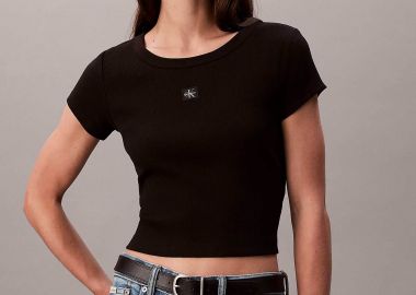 Calvin Klein Jeans γυναικείο T-shirt μονόχρωμο με λογότυπο Slim Fit - LV047C200G Μαύρο - CALVIN KLEIN JEANS - 