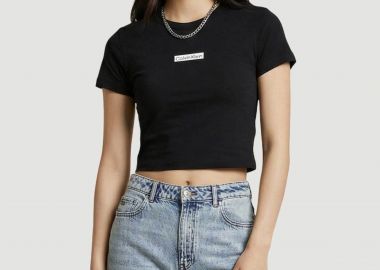 Calvin Klein Jeans γυναικείο T-shirt μονόχρωμο με λογότυπο Slim Fit - LV047F842G Μαύρο - CALVIN KLEIN JEANS - 