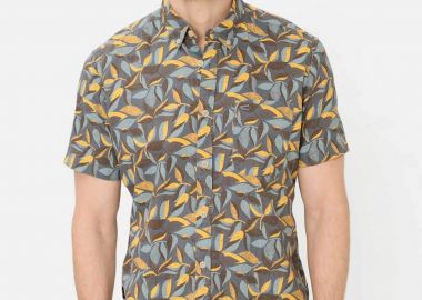 Camel Active ανδρικό κοντομάνικο πουκάμισο button down με leaf print και τσέπη με κεντημένο monogram Regular Fit - C261-409274-7S74 Κίτρινο - CAMEL ACTIVE - 
