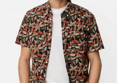 Camel Active ανδρικό κοντομάνικο πουκάμισο button down με leaf print και τσέπη με κεντημένο monogram Regular Fit - C261-409274-7S74 Πορτοκαλί - CAMEL ACTIVE - 