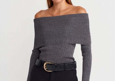 CANDLE γυναικεία πλεκτη μπλουζα με ανοιχτο ωμο γκρι - SOU - 