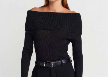 CANDLE γυναικεία πλεκτη μπλουζα με ανοιχτο ωμο μαυρο - SOU - 