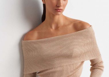 CANDLE γυναικεία πλεκτη μπλουζα με ανοιχτο ωμο μπεζ - SOU - 