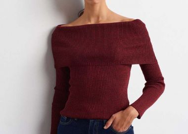 CANDLE γυναικεία πλεκτη μπλουζα με ανοιχτο ωμο μπορντο - SOU - 