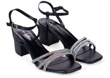 Χαμηλά πέδιλα με χοντρό τακούνι και στρας - Μαύρο - Issue - 