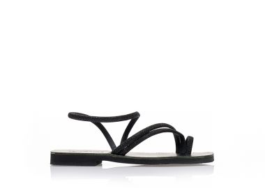 Χειροποίητα σανδάλια μαύρα δερματίνη με λουράκια και γκλίτερ και σχέδιο δαχτυλίδι ΜΑΥΡΟ - Tsoukalas - 