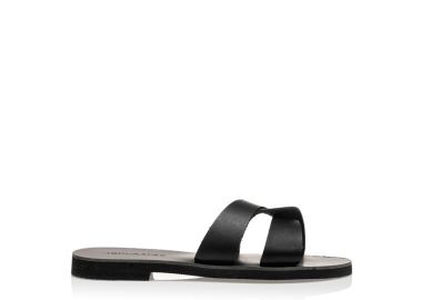 Χειροποίητα σανδάλια ολόμαυρα από αναγενημένο δέρμα με σχέδιο χιαστί στη φάσα ΜΑΥΡΟ - Tsoukalas - 