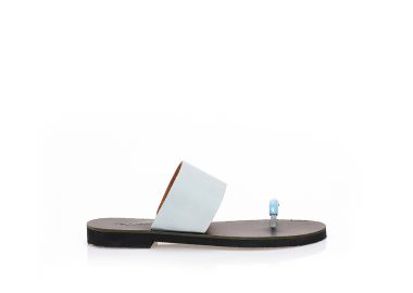 Χειροποίητα σανδάλια σιέλ δερματίνη με φάσα και σχέδιο δαχτυλίδι με αγκράφα ΓΑΛΑΖΙΟ - Tsoukalas - 