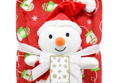 Χριστουγεννιάτικο Λούτρινο Σετ 2 Τεμ. bebe Snowman 27 Ύψος 30 cm + Κουβέρτα Coral Fleece 75X100cm Red 100% Polyester - Dimcol - 