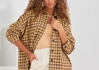 Cora γυναικείο πουκάμισο πιε ντε πουλ καφέ-καμελ - SOU - 