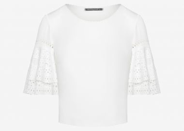 Cropped T-Shirt with Ruffled Sleeves in White - Cutcuutur - 