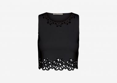 Cropped Tank Top with Laser-Cut Print around Hem in Black - Cutcuutur - 