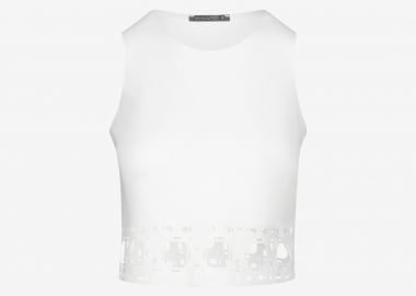 Cropped Tank Top With Laser-Cut Print Around Hem in White - Cutcuutur - 