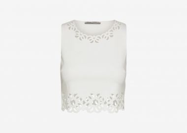 Cropped Tank Top with Laser-Cut Print around Hem in White - Cutcuutur - 