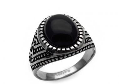 Δαχτυλίδι Ανδρικό ατσάλι με μαύρη πέτρα AT137 - Asimenio - 