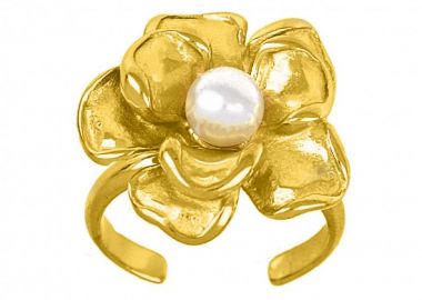 Δαχτυλίδι Από Ατσάλι Επιχρυσωμένο Λουλούδι Με Μαργαριτάρι TU30981 - AMOR AMOR - 