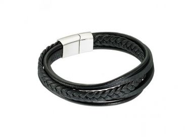 Δερμάτινο ανδρικό βραχιόλι από μαύρο πλατινωμένο ατσάλι -  - 