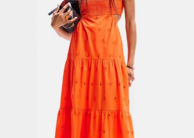 Desigual γυναικείο maxi βαμβακερό φόρεμα μονόχρωμο με σχέδιο με δαντέλα 