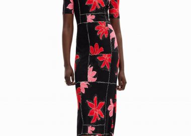 Desigual γυναικείο midi φόρεμα με ribbed υφή και contrast floral print 
