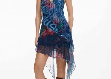 Desigual γυναικείο mini αμάνικο φόρεμα με all-over print και ασύμμετρο τελείωμα 