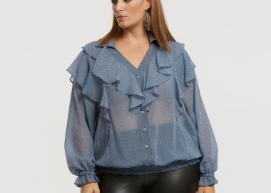 Διάφανο πουκάμισο με βολάν και πουά μοτίβο - MAT FASHION - 