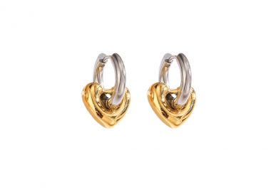 Δίχρωμοι κρίκοι σκουλαρίκια με καρδιά σε ασημί και χρυσό από ανοξείδωτο ατσάλι -  - 