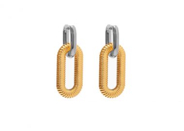 Δίχρωμοι κρίκοι σκουλαρίκια με οβάλ σύνδεσμο και ανάγλυφη υφή από ανοξείδωτο ατσάλι -  - 