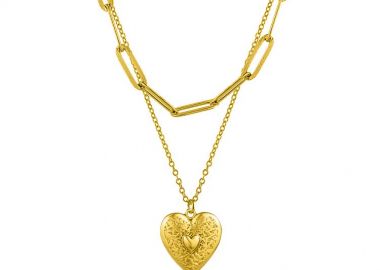 Διπλό Κολιέ Από Ανοξείδωτο Ατσάλι Επιχρυσωμένο 24Κ Με Καρδιά AA17775 - AMOR AMOR - 