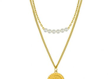 Διπλό Κολιέ Από Ανοξείδωτο Ατσάλι Επιχρυσωμένο 24Κ Με Μαργαριτάρια Και Ματάκι AA17763 - AMOR AMOR - 