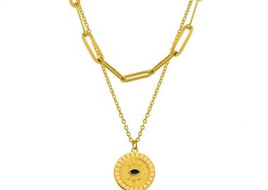 Διπλό Κολιέ Από Ανοξείδωτο Ατσάλι Επιχρυσωμένο 24Κ Με Ματάκι AA17755 - AMOR AMOR - 