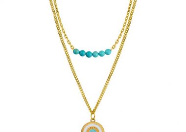 Διπλό Κολιέ Από Ανοξείδωτο Ατσάλι Επιχρυσωμένο 24Κ Με Τιρκουάζ Και Ματάκι AA17768 - AMOR AMOR - 