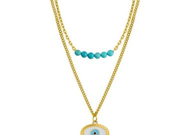 Διπλό Κολιέ Από Ανοξείδωτο Ατσάλι Επιχρυσωμένο 24Κ Με Τιρκουάζ Και Ματάκι AA17785 - AMOR AMOR - 